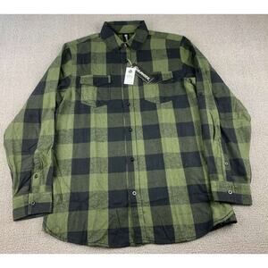 Burnside Men's Size Medium Army Green Black Flannel Shirt Plaid Long Sleeve NWT